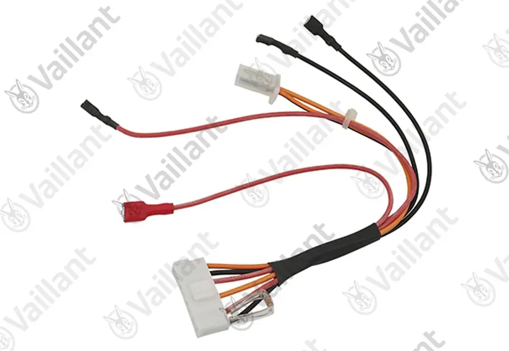 Vaillant Kabelbaum mit mehreren Kabeln in verschiedenen Farben, einschließlich eines Steckers und offenen Enden für elektrische Verbindungen.